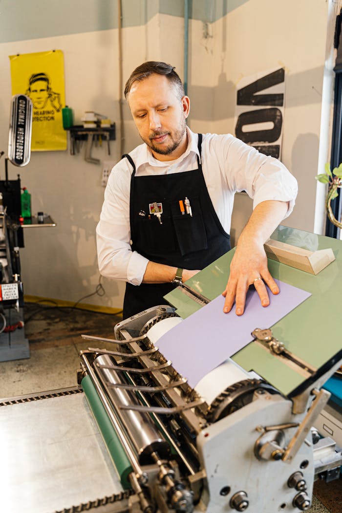 An adult man operates a traditional printing machine in an indoor workshop setting.